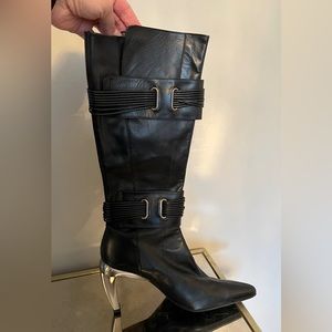 DIESEL Black leather knee-high 4-inch silver metal heel boots.